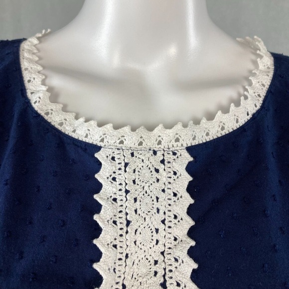 Vineyard Vines Shirt Womens Sz S Navy Blue Swiss Dot Cotton Crochet Short Sleeve - Picture 2 of 9
